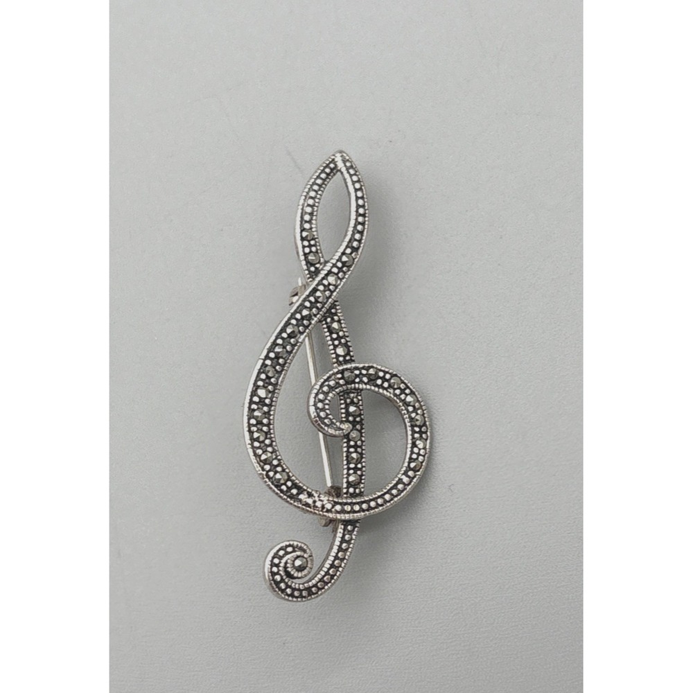 Sterling Silver Marcasite Brooch Treble Clef Music Note 925 2" Pinβ 5g